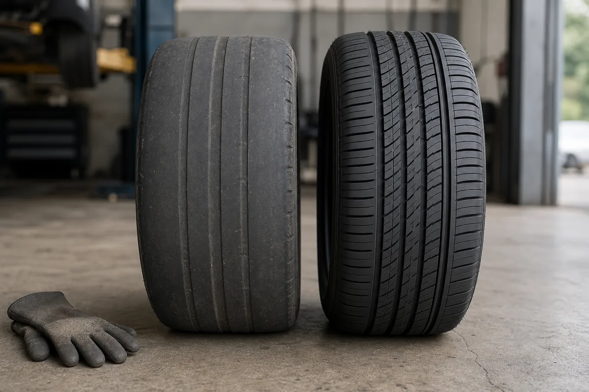 Deux pneus posés côte à côte sur le sol d’un garage, l’un à la bande de roulement lisse, l’autre neuve et profonde