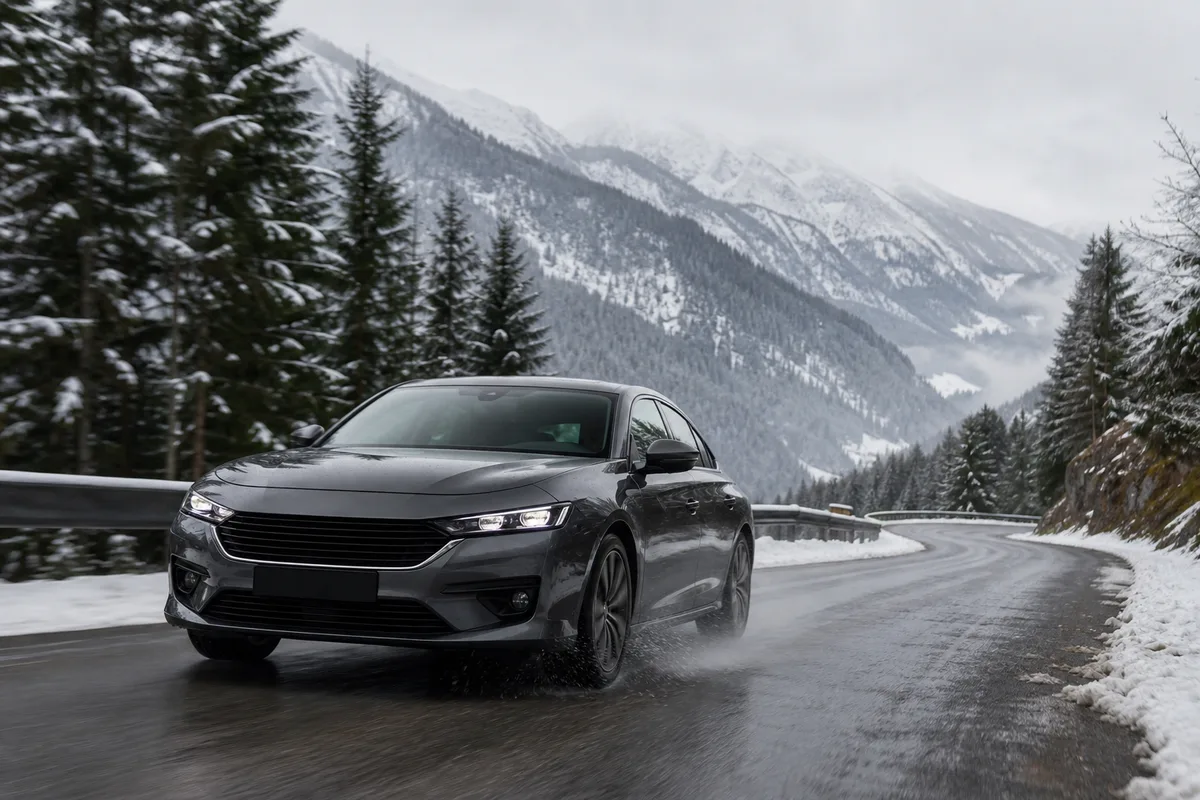 Voiture équipée de pneus toutes saisons sur une route de montagne humide et légèrement enneigée sous une lumière hivernale