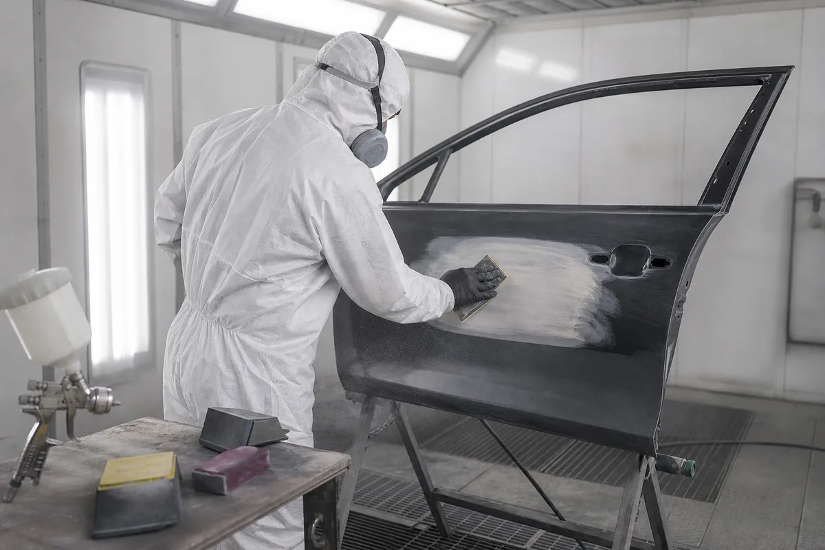 Carrossier ponçant un élément de carrosserie dans une cabine de préparation avant peinture