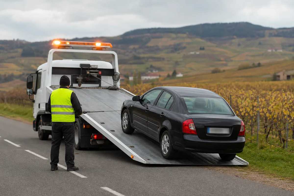 Dépanneuse chargeant un véhicule en panne au bord d’une route de campagne du Beaujolais