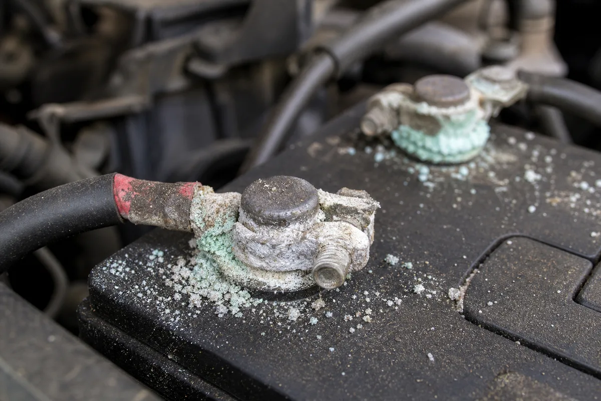 Cosses d’une batterie de voiture couvertes d’un dépôt blanc d’oxydation dans un compartiment moteur
