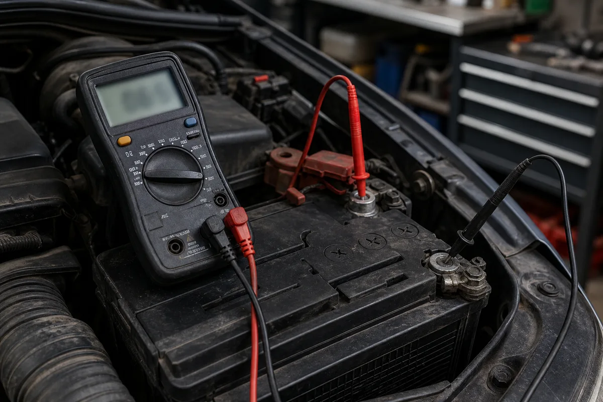 Multimètre posé sur une batterie de voiture affichant la tension au repos, ambiance atelier