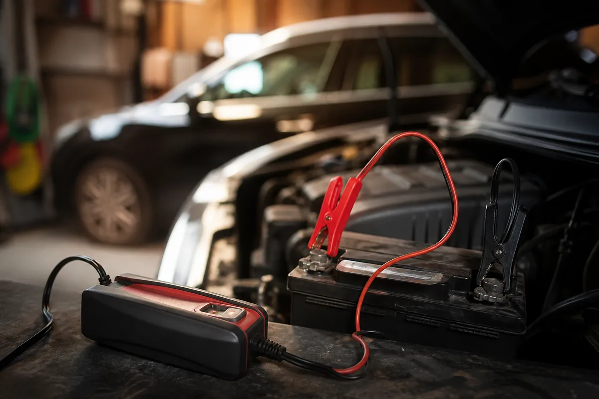Chargeur de maintien branché sur la batterie d’une voiture dans un garage domestique