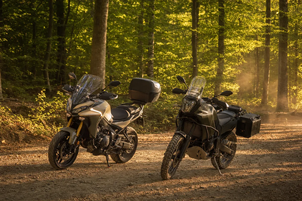 Deux motos trail garées sur un chemin forestier en fin de journée