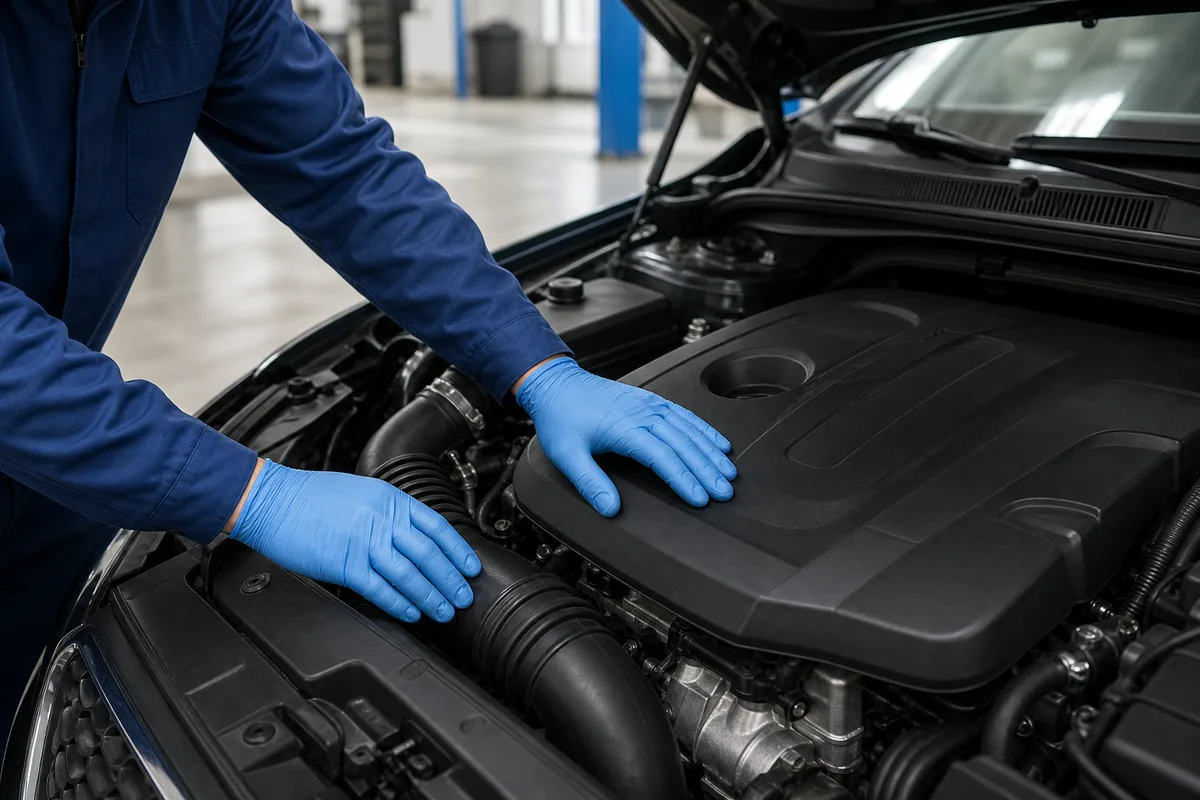 Technicien inspectant le compartiment moteur d’une voiture capot ouvert dans un atelier lumineux